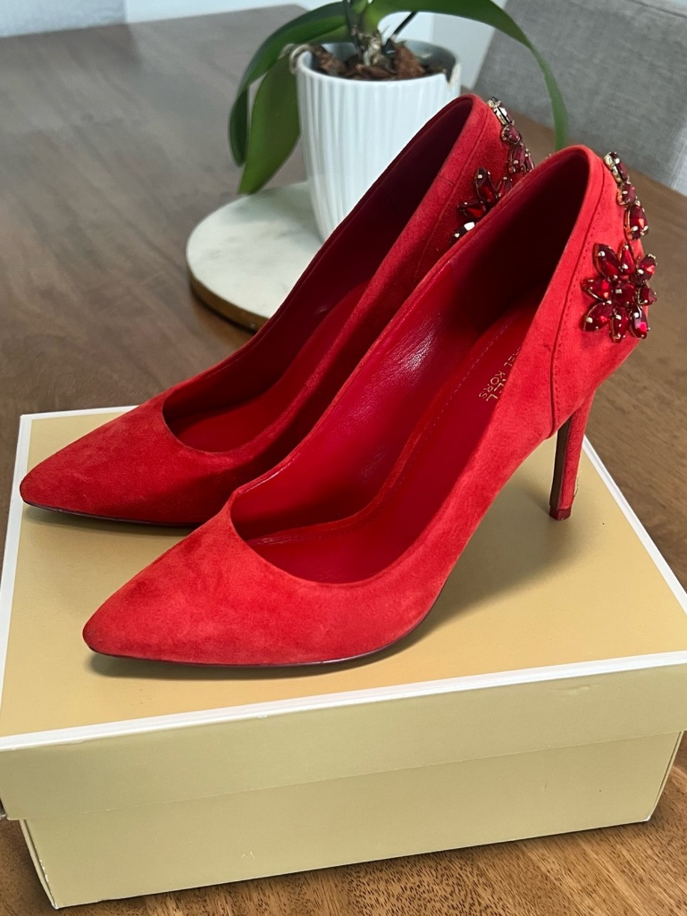 MICHAEL Michael Kors Red Suede Pointed Toe Pumps with Jeweled Back